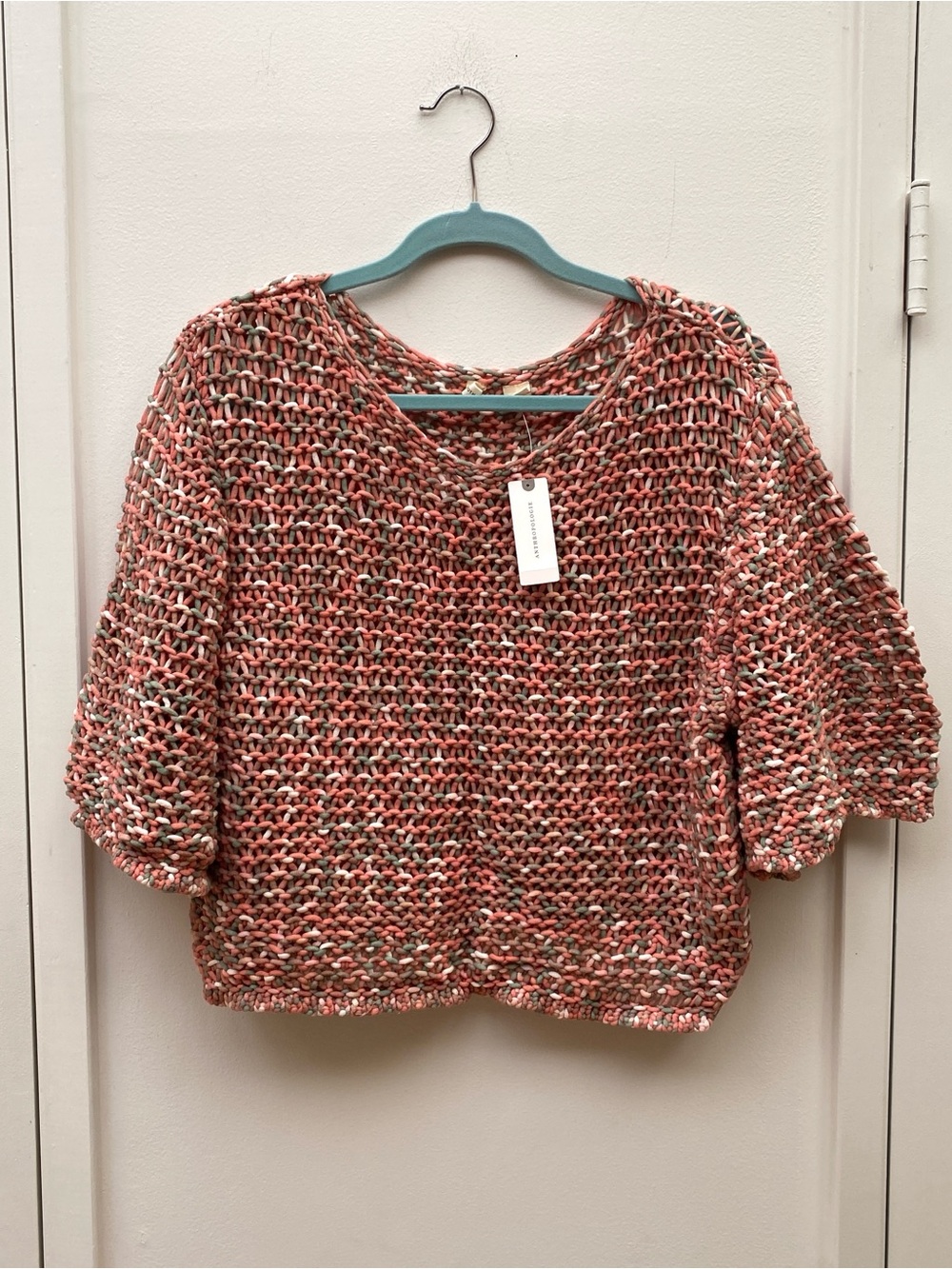 Anthropologie Moth Coral Open Knit Multi Short-Sleeve Sweater Top NWT Size M